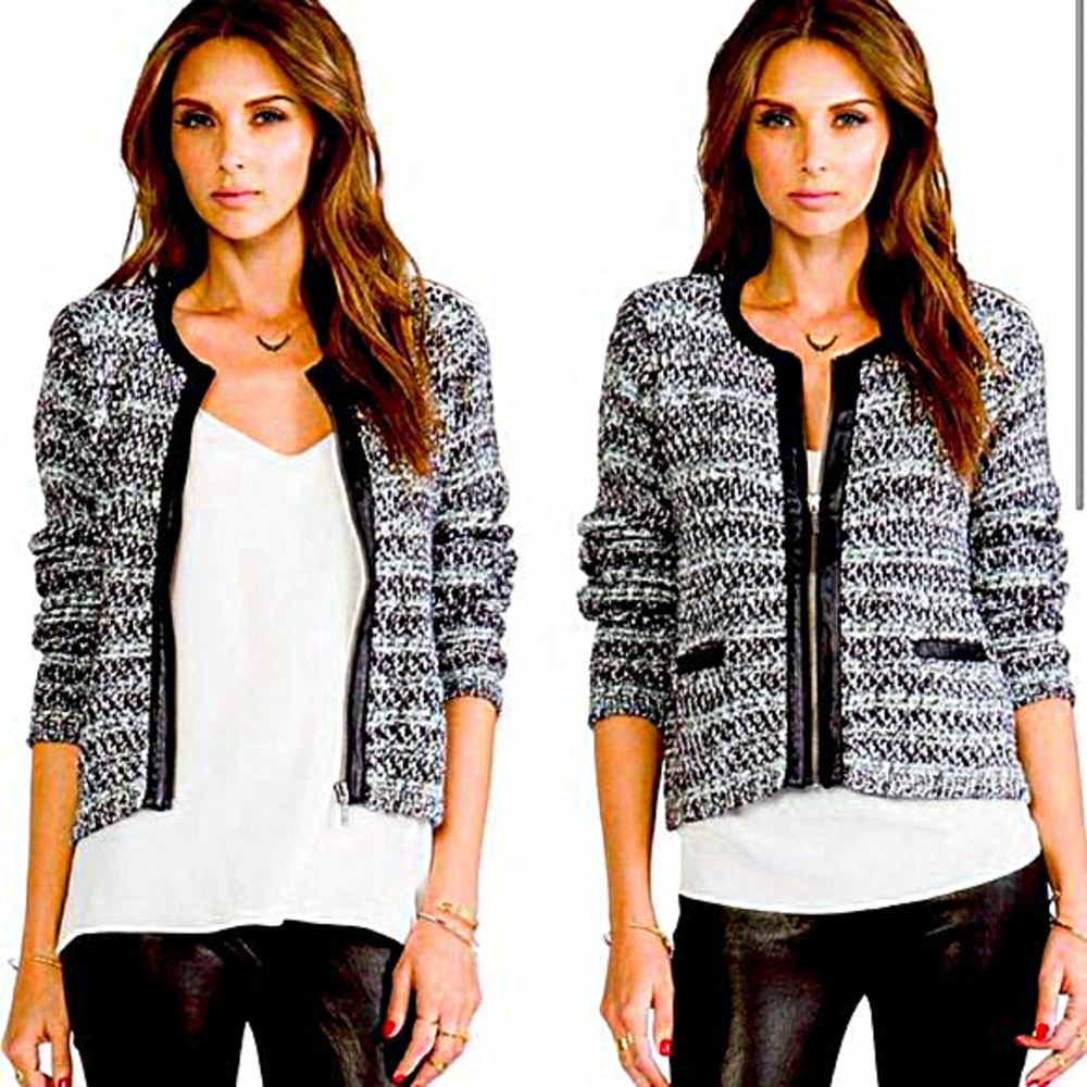 Joie Jacolyn Tweed Black and White Cavier Wool Sweater Blazer with Leath…